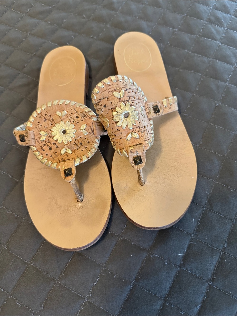 Jack Rogers Tan Cork Floral Thong Sandals with Gold Accents